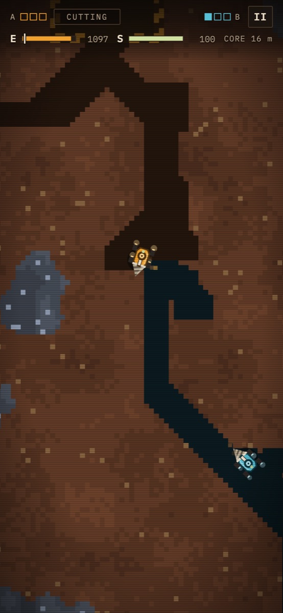 Gameplay: an amber drone cuts a tunnel while the cyan rival closes in through its own tunnel below
